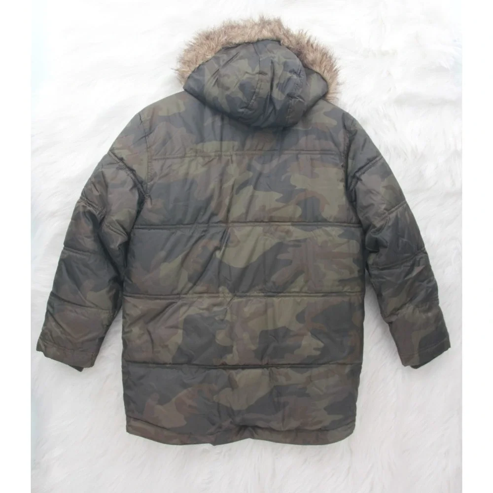 Old Navy Childrens Fur Trimmed Hooded Puffer Jacket L 10-12 Green Camo Boys Coat